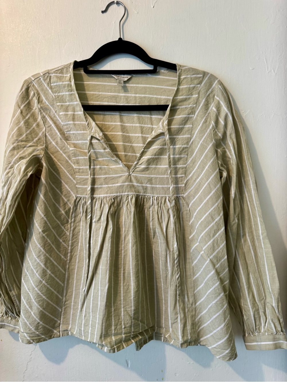 Lucky Brand Olive Green & White Striped Peasant Top